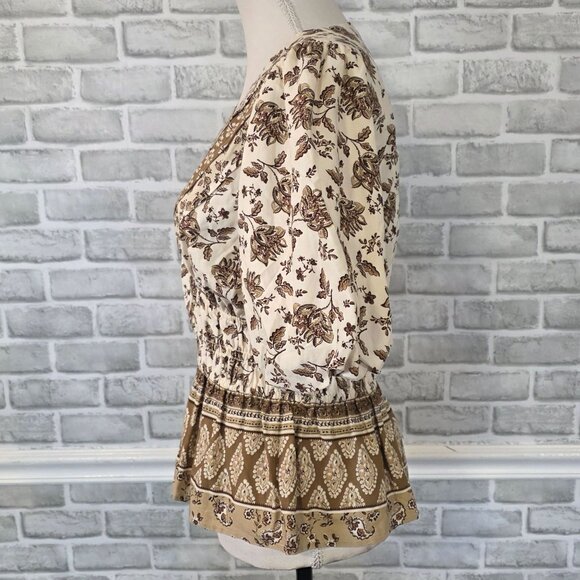 Loft Striped Floral Pintucked V-Neck Peplum Blouse Puff Sleeve Cottage NEW M - Picture 2 of 8